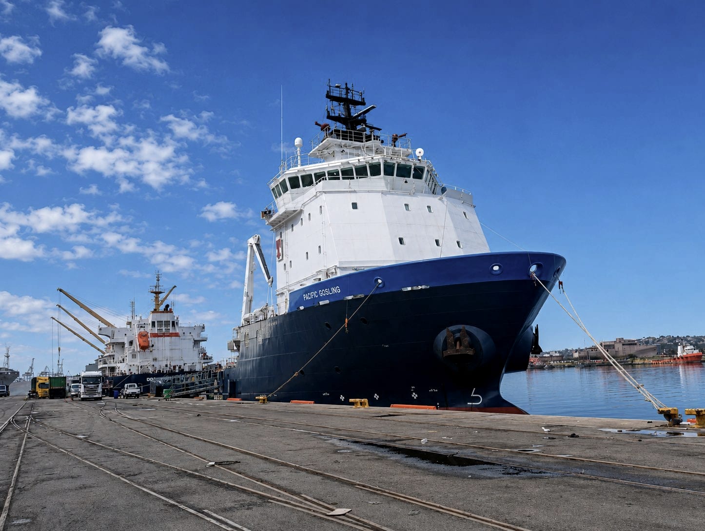 The offshore support vessel Pacific Gosling alongside the quay at the Port of Durban, South Africa: Afrishore vessel and rig agency on the east coast