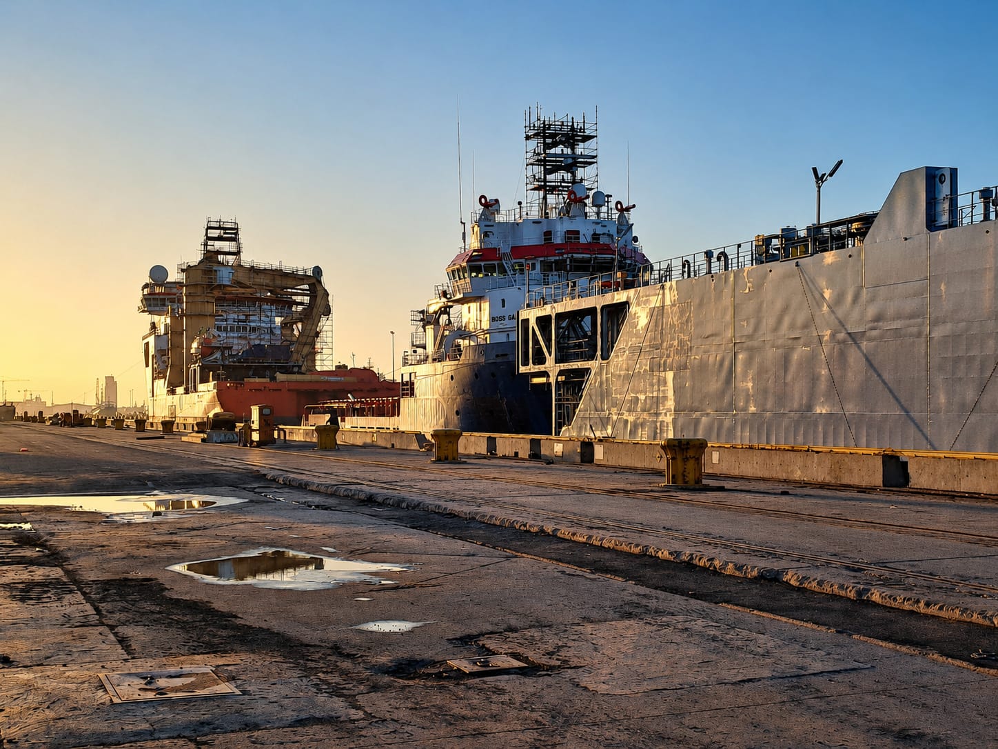 The Titan floating dock and offshore support vessels alongside the ship-repair quay at the Port of Cape Town at sunrise – a simultaneous dry docking coordinated by Afrishore