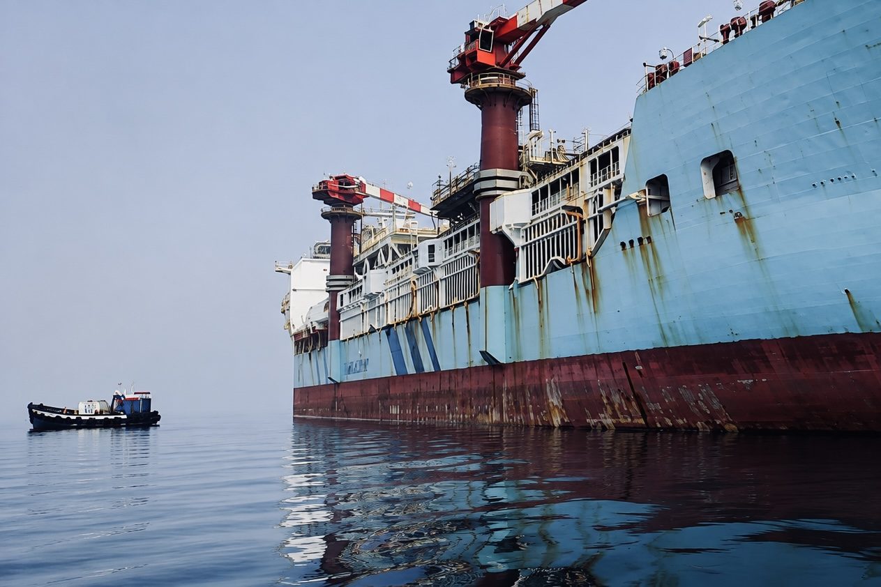 The FPSO Aoka Mizu broadside at the Walvis Bay anchorage with a workboat alongside – bunkers, stores and a crew change delivered during the vessel's transit call, Namibia.