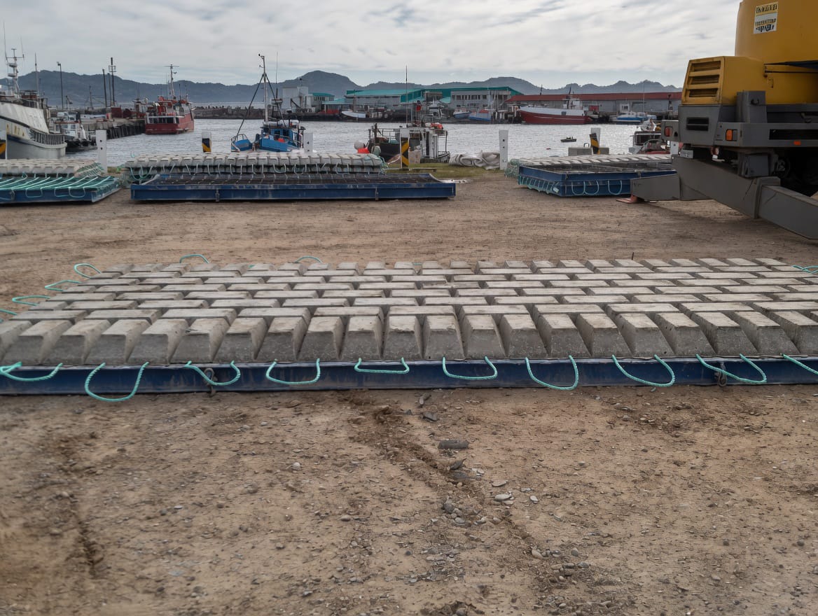Articulated subsea concrete mattresses cast and stacked on the Mossel Bay quayside by Afrishore for SBM Offshore's Project Ikhwezi, South Africa